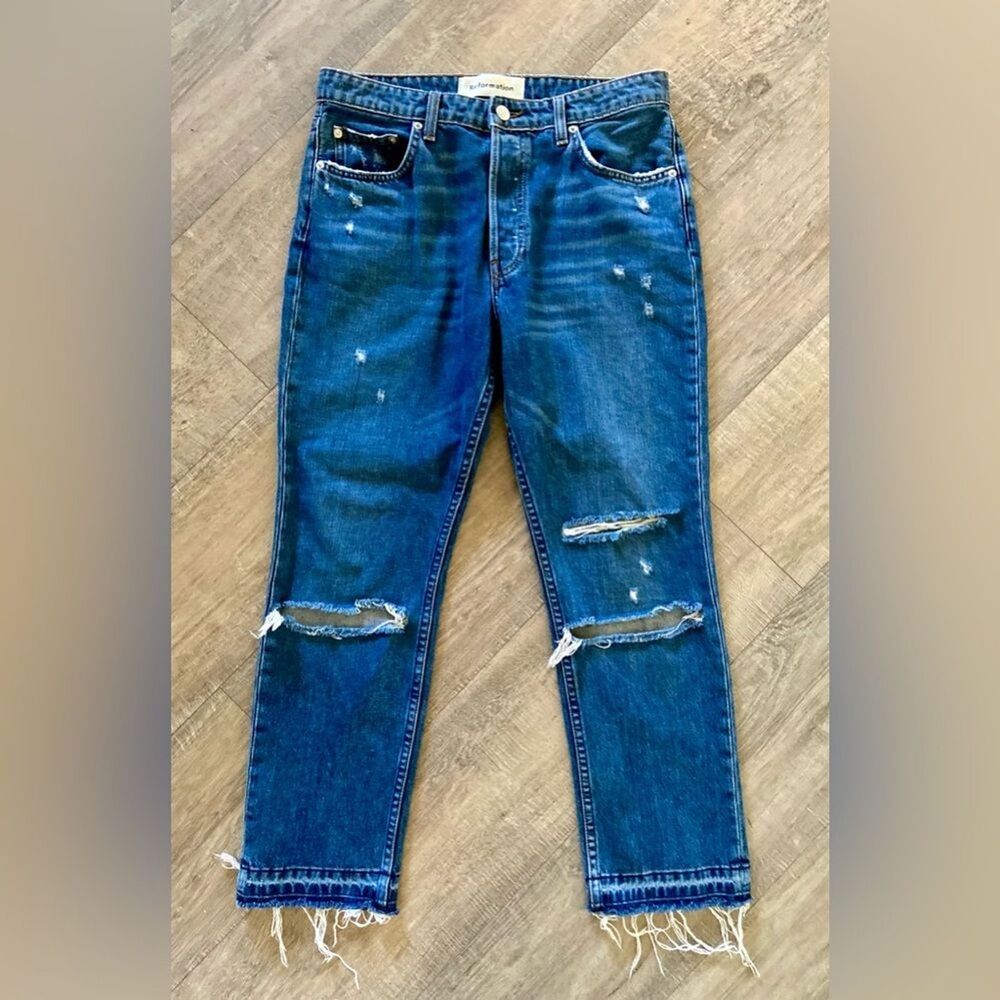 Reformation women’s size 29 distressed petite mid rise ripped jeans with detail